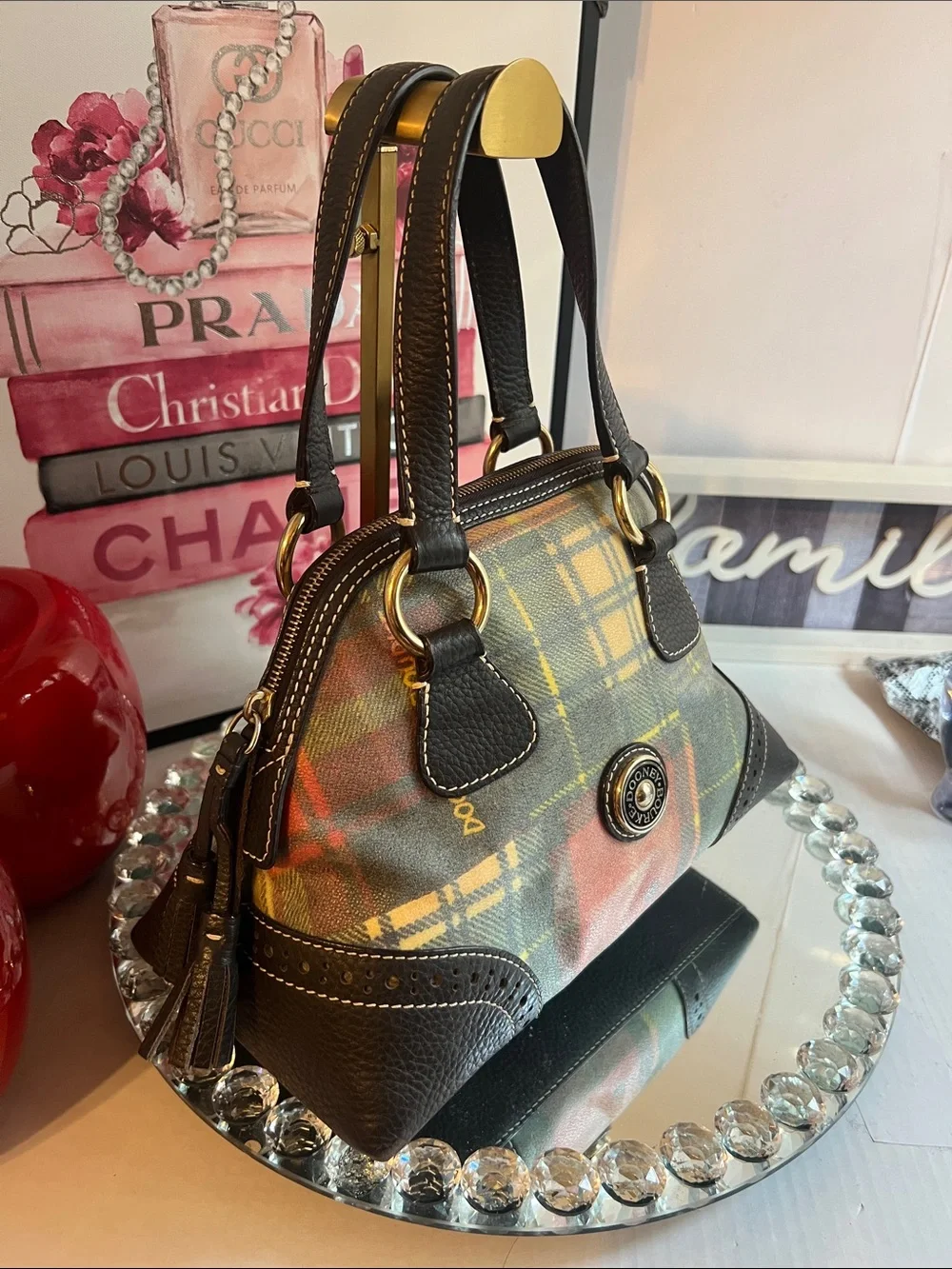 Dooney & Bourke Multicolor leather Tartan Satchel with Dark Brown Trim handbag